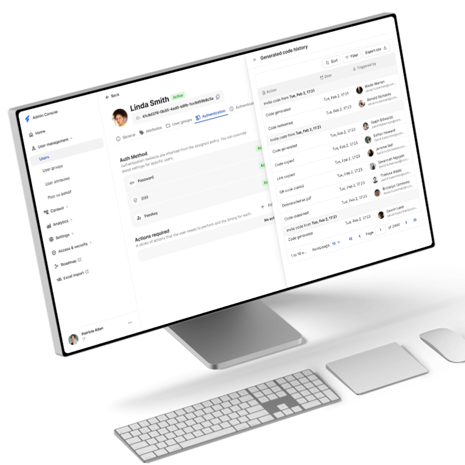 User interface for managing authentication and code history in a software platform.