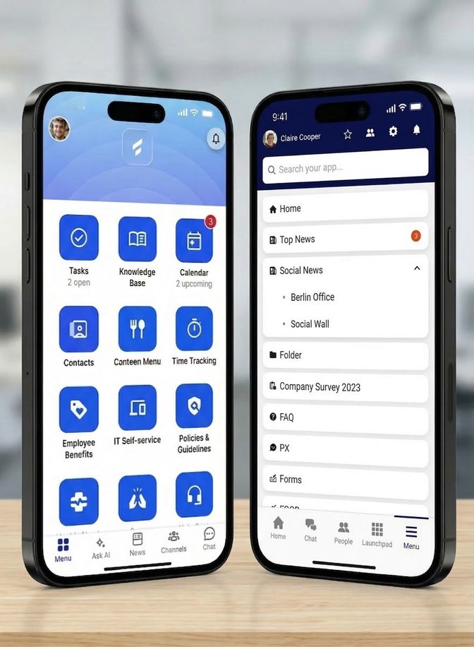 Two smartphones displaying a B2B-SaaS app interface for employee communication.