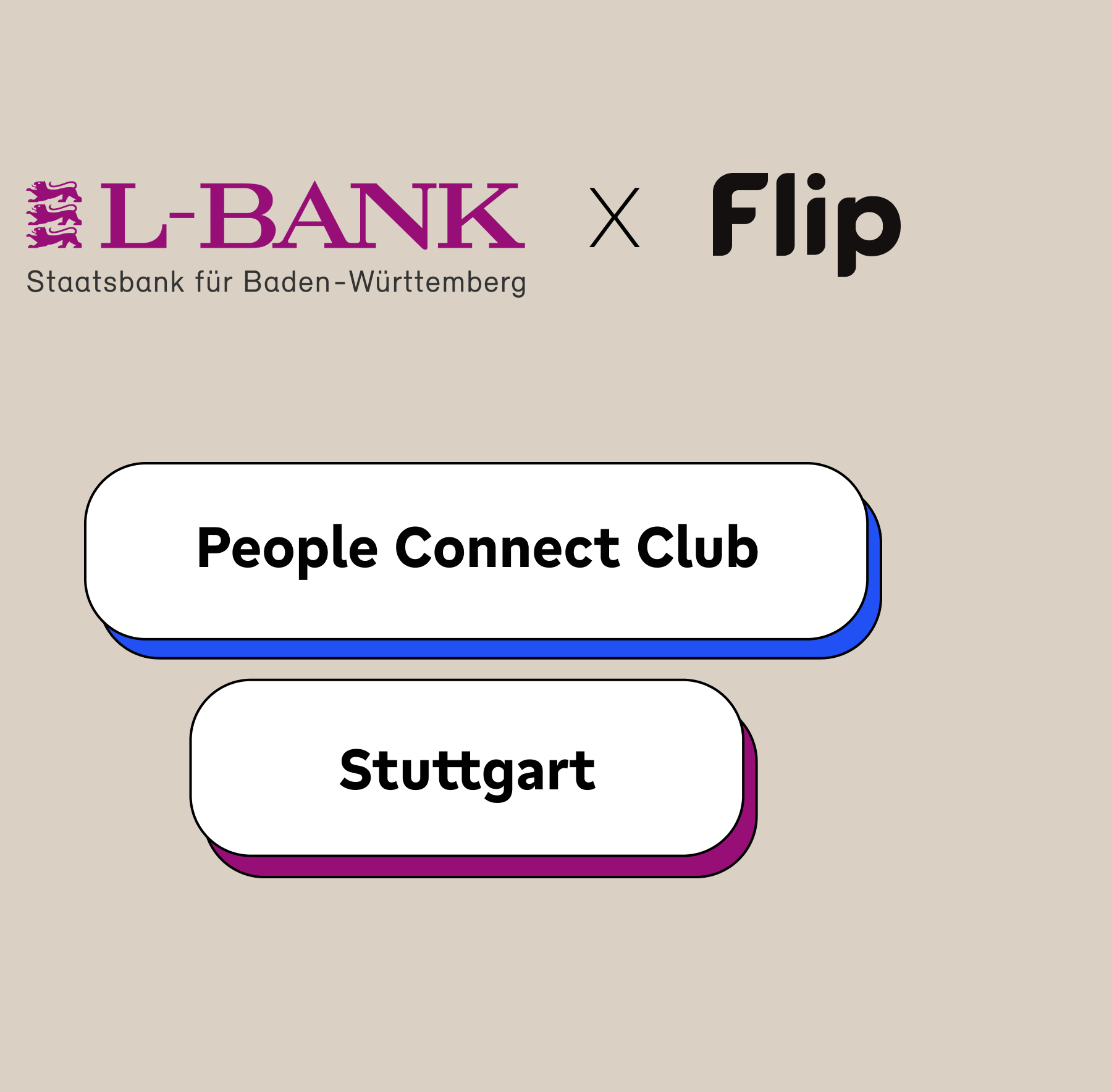 L-BANK and Flip logos with text: People Connect Club Stuttgart