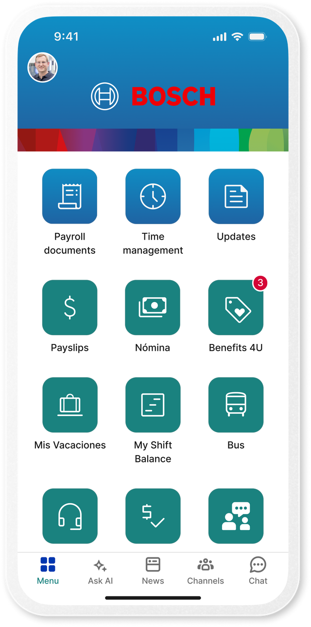 Mobile UI showing Bosch employee app with various HR and ops tools.