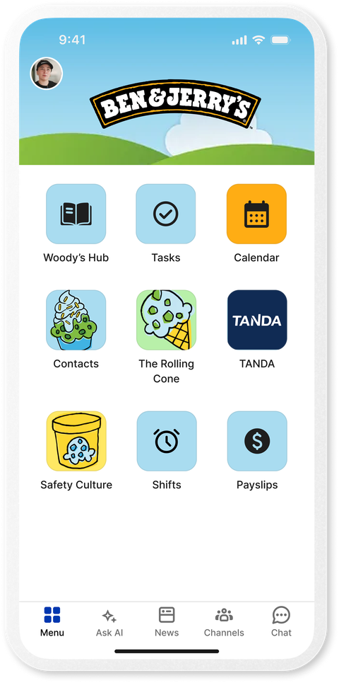 Ben & Jerrys app interface with various tools like Tasks and Calendar.