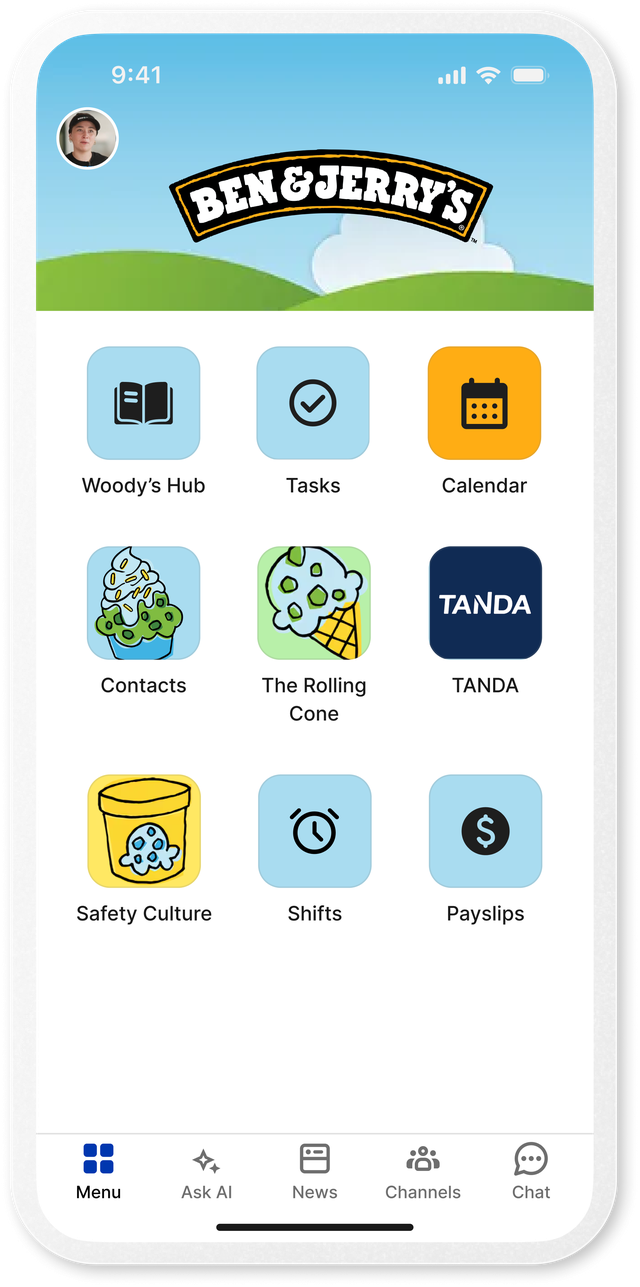 Ben & Jerrys app interface with various tools like Tasks and Calendar.