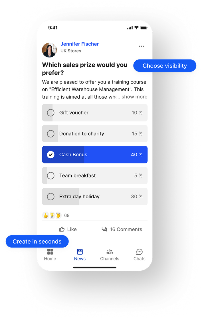Mobile app interface showing a poll about sales prizes.