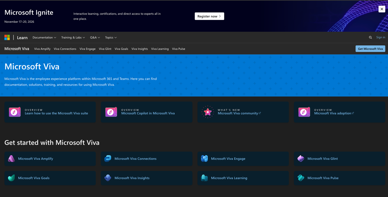 Microsoft Viva interface showcasing tools for employee engagement and resources.
