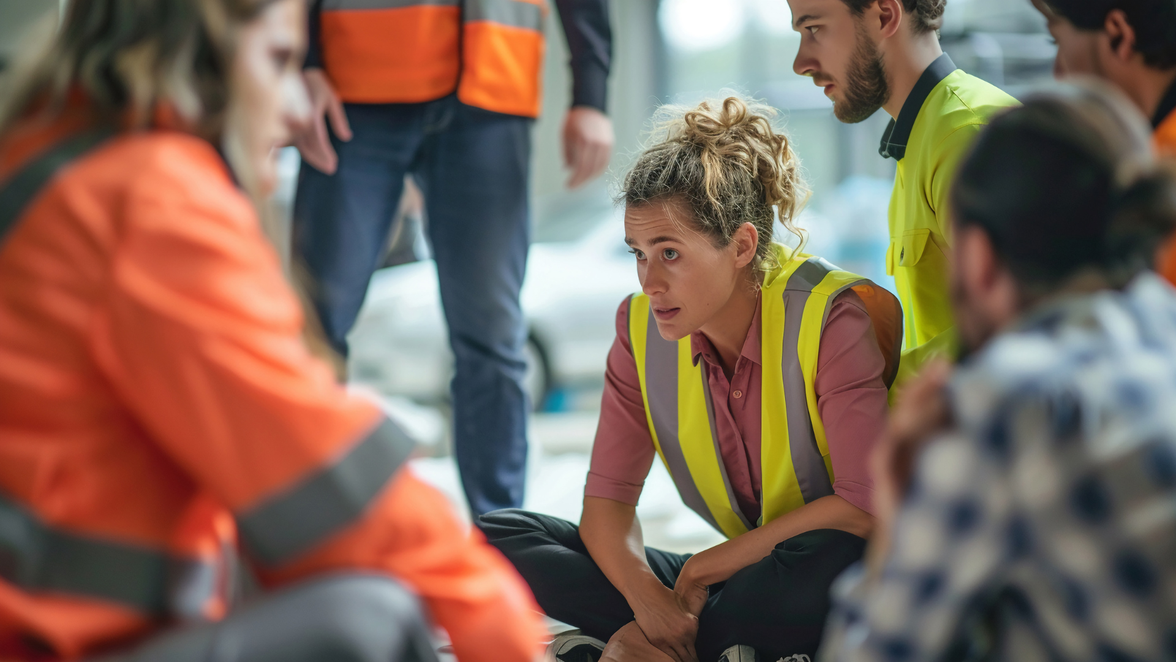 Frontline workers in safety vests in discussion, crisis communication, employee engagement tools.