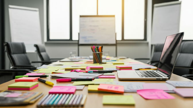A conference room table covered with colorful sticky notes, pens, and a laptop, surrounded by office chairs and flip charts in the background.