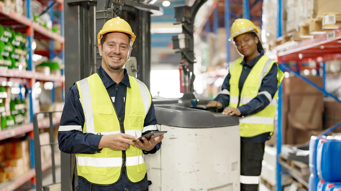 Two warehouse employees wearing safety vests and hard hats smile while working with a forklift, standing in an aisle lined with boxes and equipment.