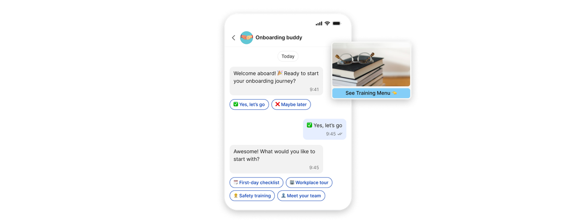 Onboarding buddy chat in Employee App with options: First-day checklist, Safety training, Workplace tour.