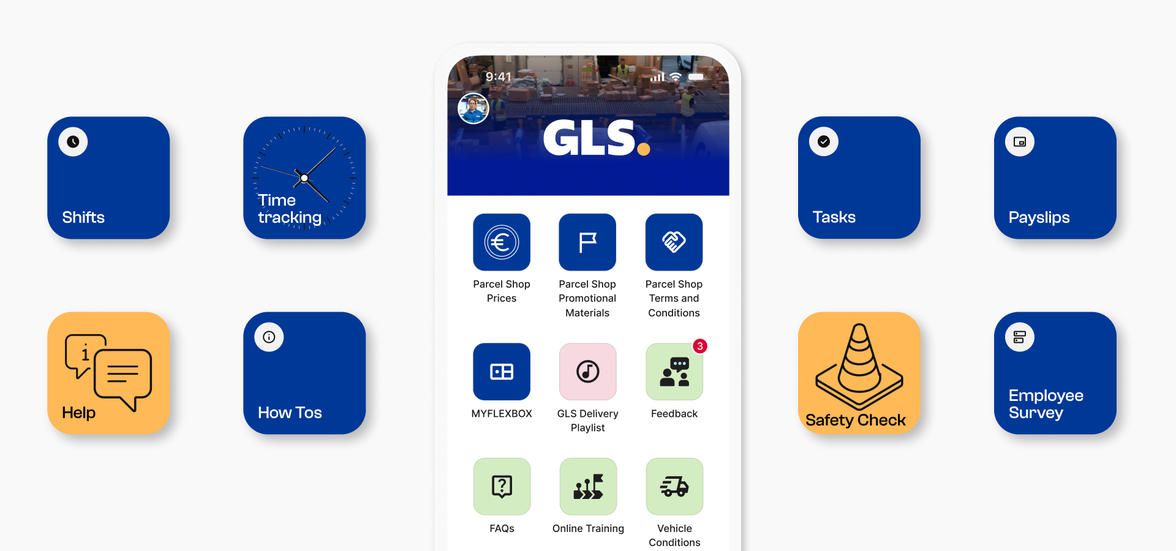 B2B-SaaS app interface for logistics, featuring GLS and operations tools.