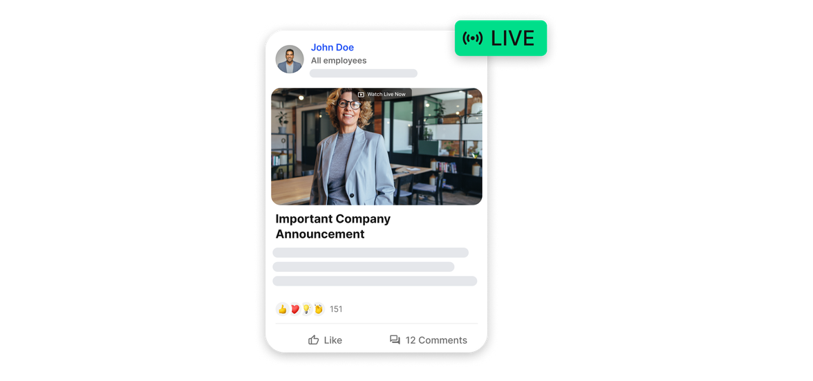 Employee Experience Platform UI: Important Company Announcement livestream, HR-Portal, Employee Engagement.