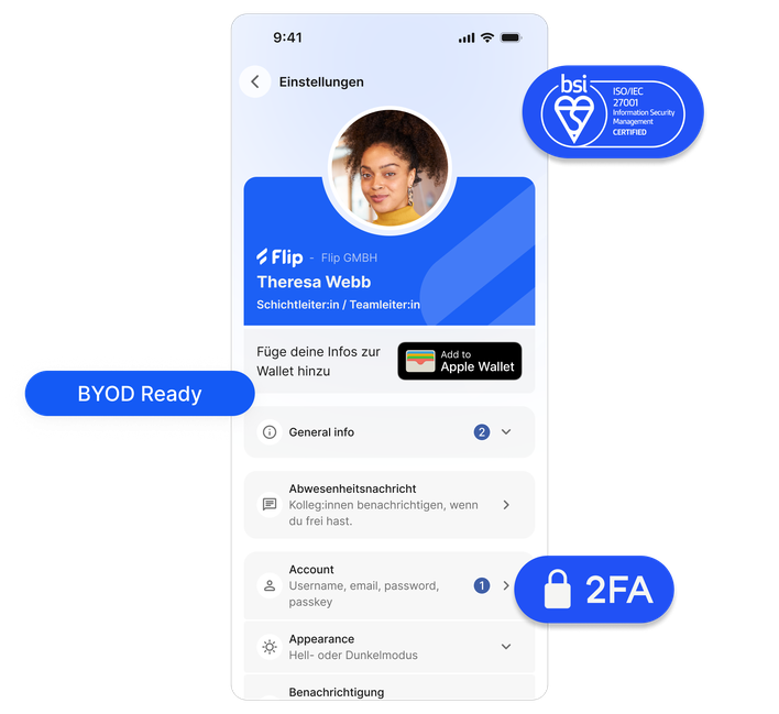 Mobile UI showing user profile with security badges and settings in German.