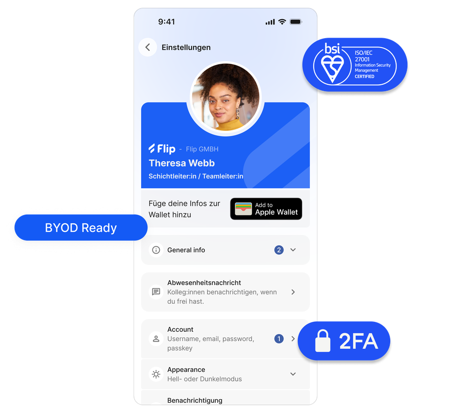 Mobile UI showing user profile with security badges and settings in German.