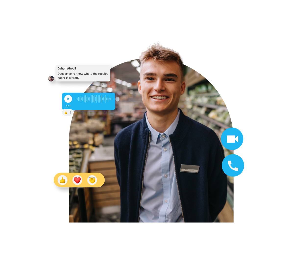 Smiling person in a store aisle with digital communication icons and messages floating around.