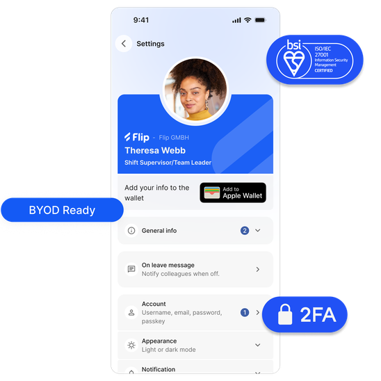 B2B-SaaS interface with user profile, security badges, and settings options.