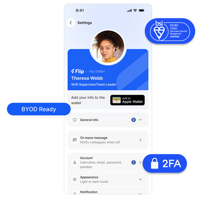 B2B-SaaS interface with user profile, security badges, and settings options.