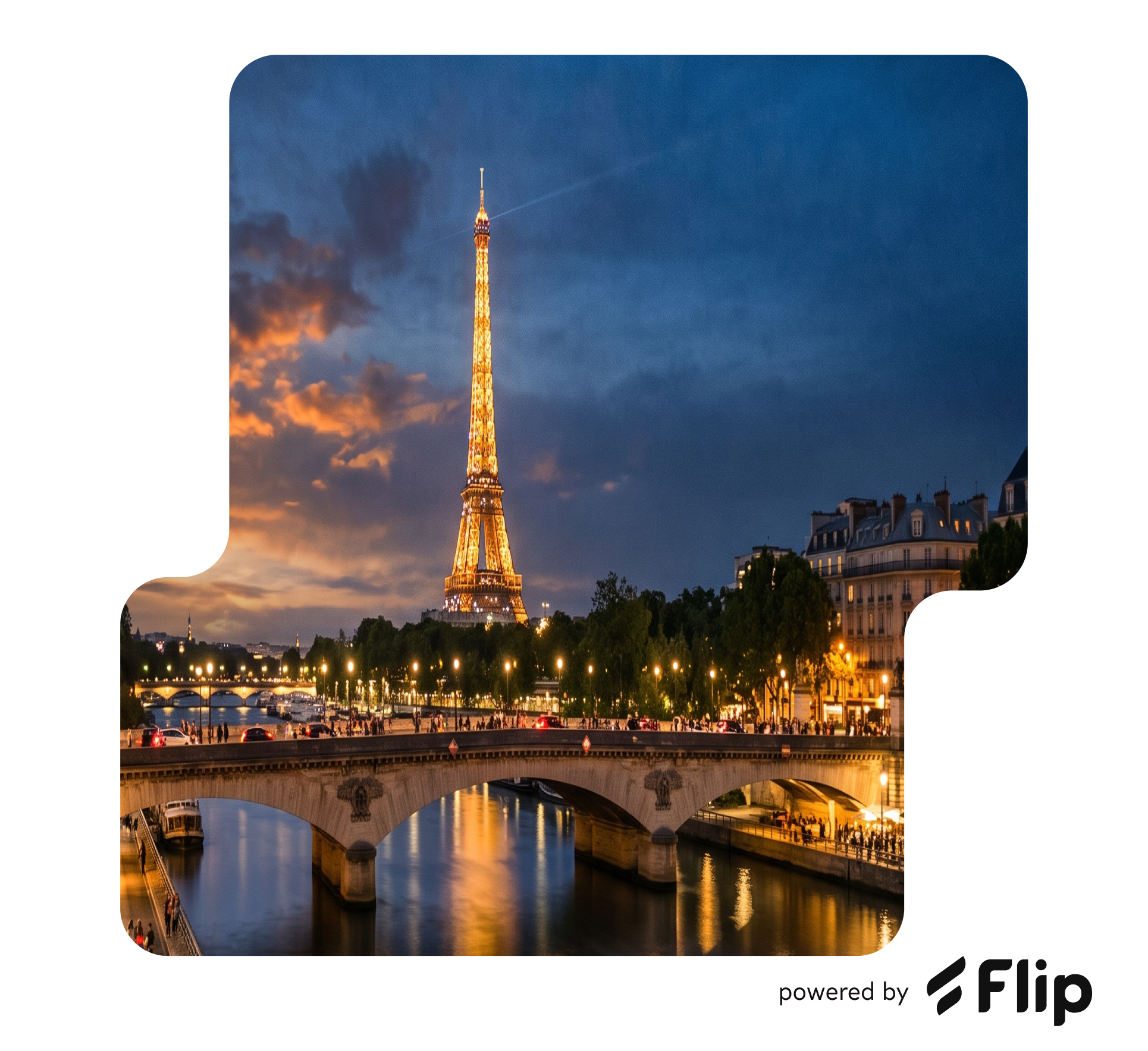 Eiffel Tower and Seine River at dusk, powered by Flip watermark present.