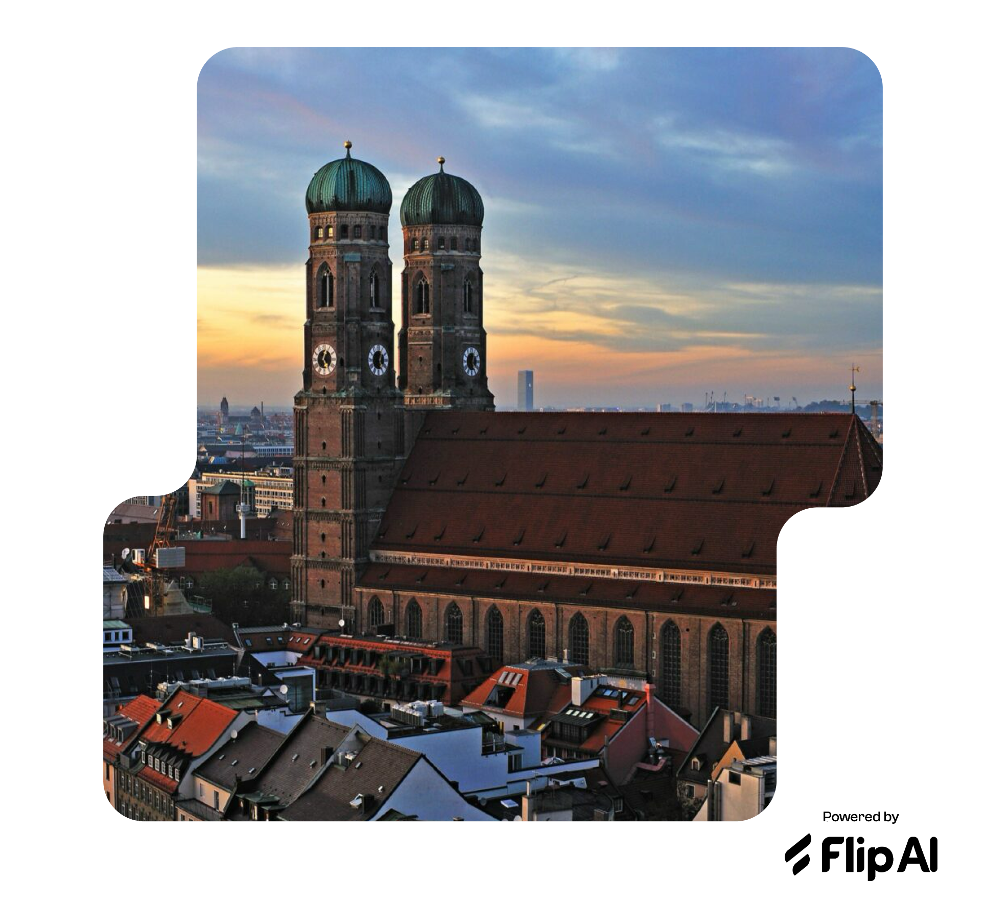 Frauenkirche in Munich at sunset with cityscape view.