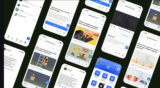 Mobile app screenshots with safety training content in English and German.