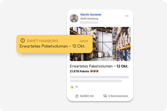 Mitarbeiterplattform UI zeigt Paketvolumen-Info, Flip Flows, Mitarbeiter App, Employee Experience Platform.