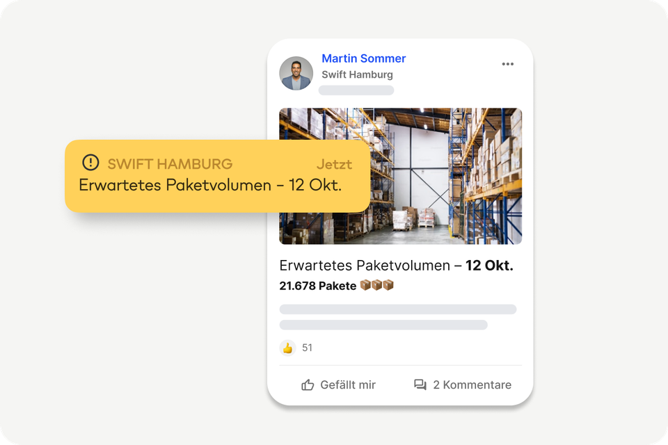 Mitarbeiterplattform UI zeigt Paketvolumen-Info, Flip Flows, Mitarbeiter App, Employee Experience Platform.