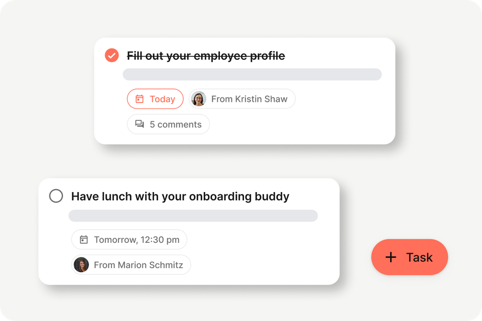 Task management UI for onboarding in Employee Experience Platform; + Task button visible.
