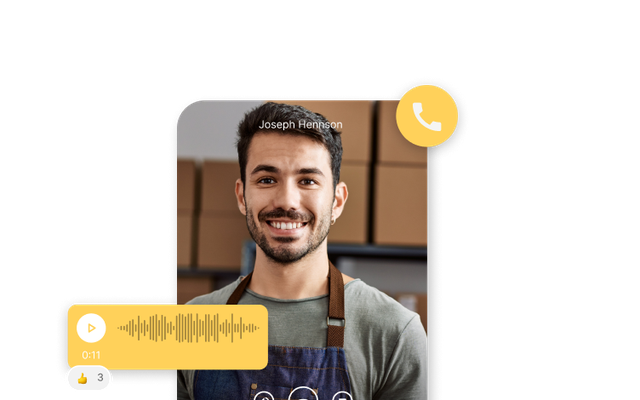 Video call UI with Joseph Hennson, voice message, empowering frontline via Employee App, HR-Portal.