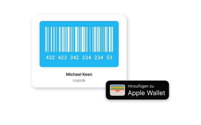 Digitale Mitarbeiterkarte mit Barcode, Name, Logistik, „Hinzufügen zu Apple Wallet“, HR-Portal.