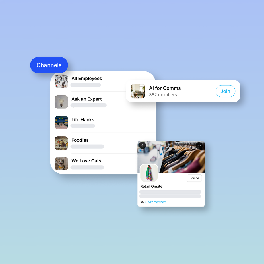 Interface showing various communication channels with join buttons.