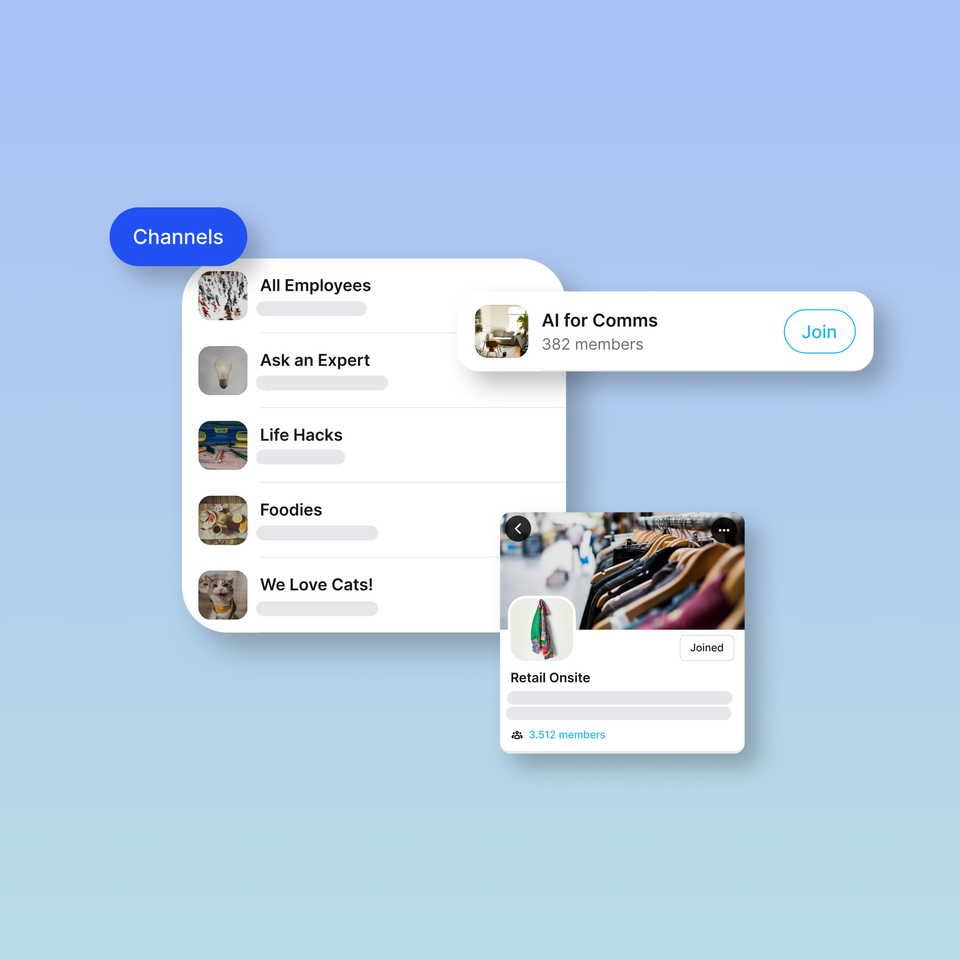 Interface showing various communication channels with join buttons.