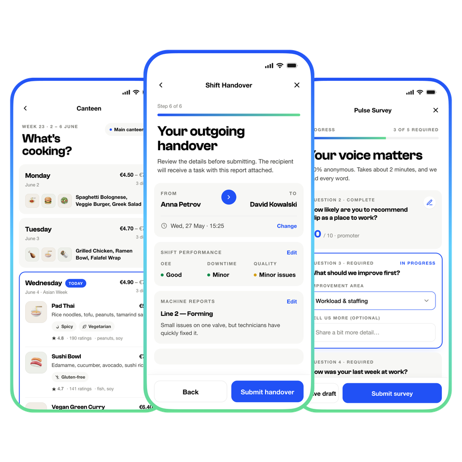 B2B-SaaS employee app UI with comms, HR, Ops functions: canteen menu, shift handover, survey.
