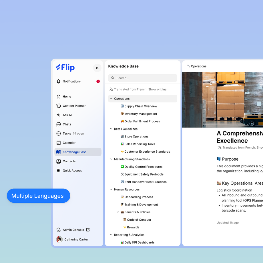 Flip intranet interface for knowledge base and operations documents.