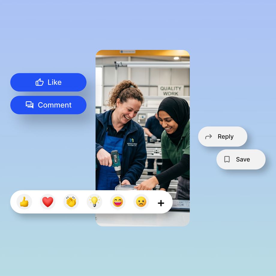Two workers collaborate with a drill, technology icons overlay.