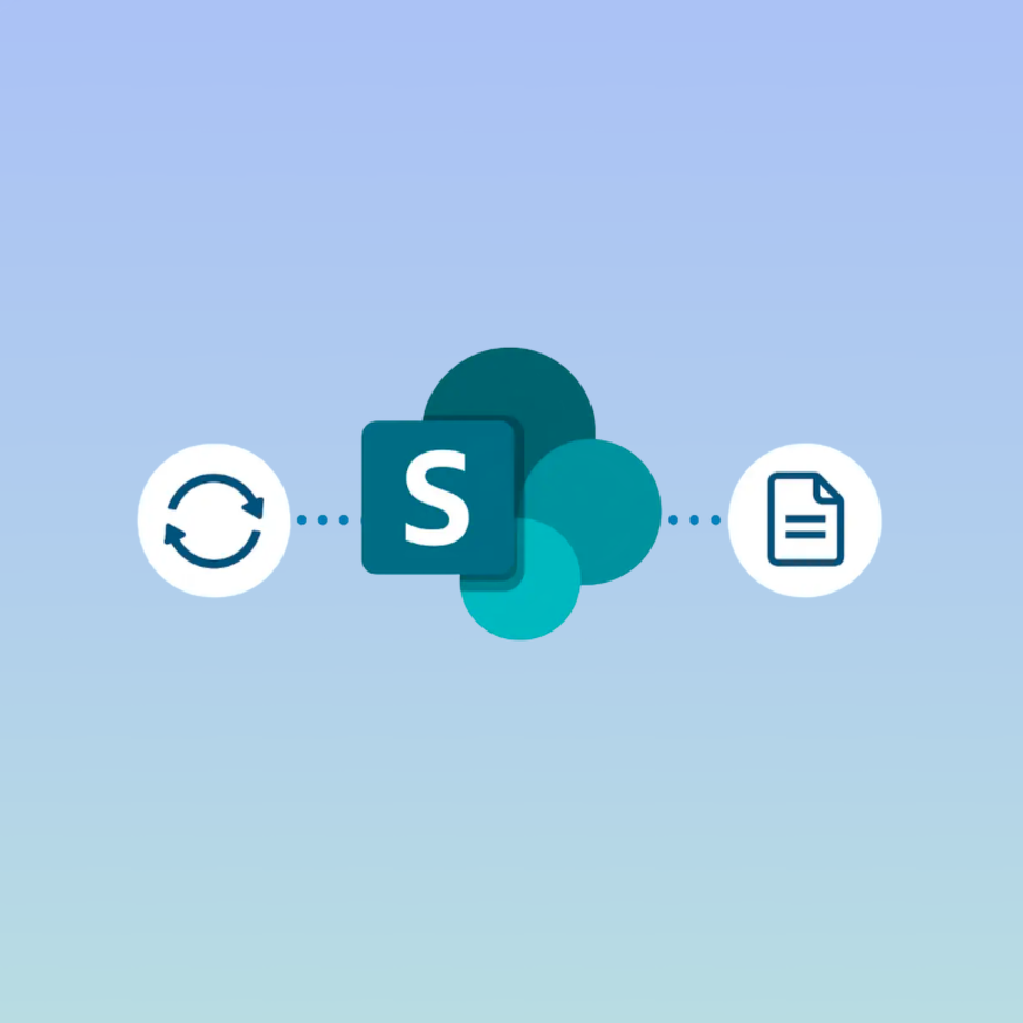 SharePoint logo with sync and document icons on each side.