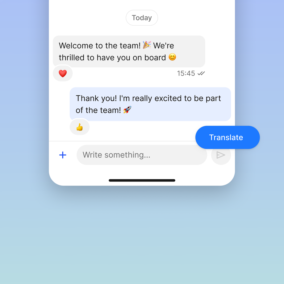 Chat with messages: Welcome to the team! 🎉 Were thrilled to have you on board 😊, Thank you! Im really excited to be part of