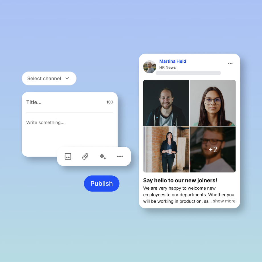 UI showing a news post draft and employee welcome message.