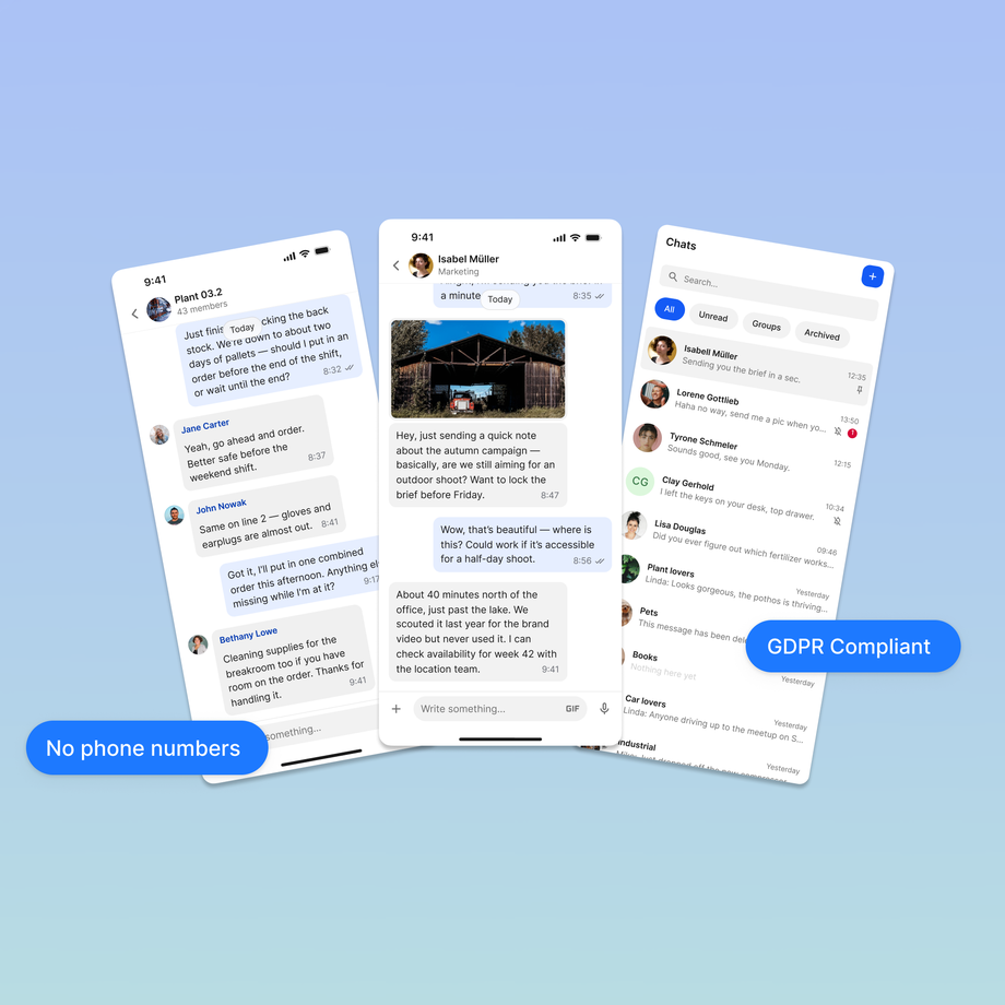 Chat interface of an employee app, highlighting GDPR compliance and no phone numbers.