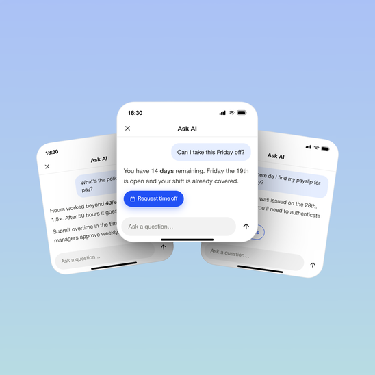 Ask AI interface showing questions and time-off request options.