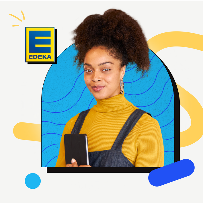 Woman holding tablet, EDEKA logo, abstract background; no visible B2B-SaaS UI or keywords.