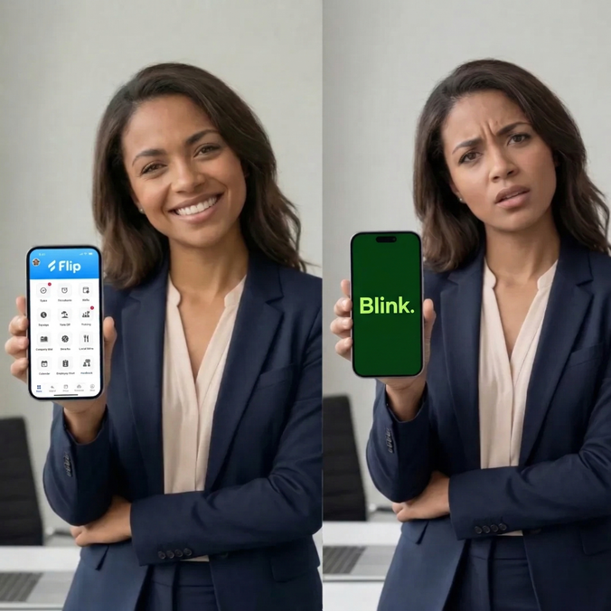 Woman holding phones with Flip and Blink apps, comparing interfaces.