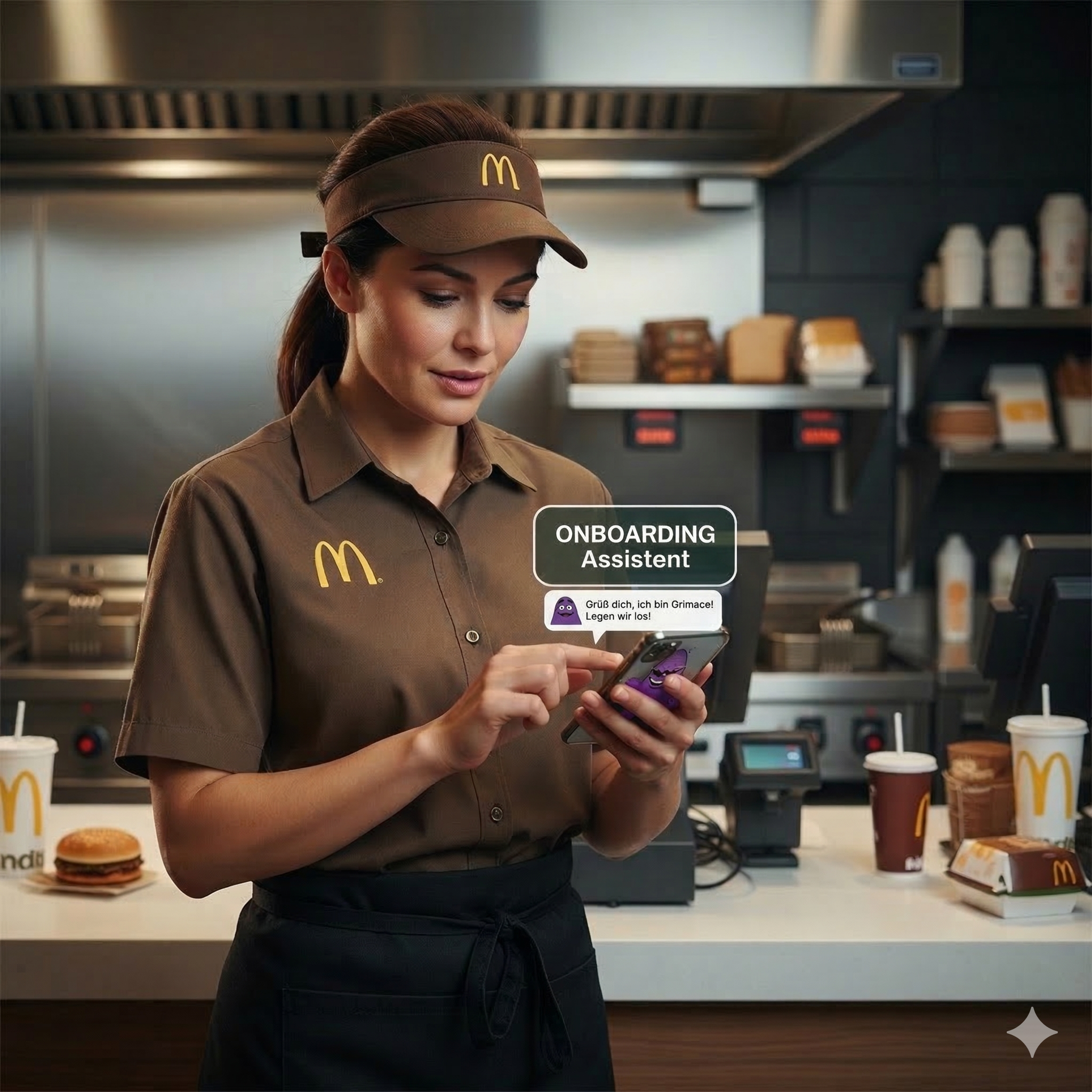 McDonalds employee using an onboarding assistant app on a smartphone.