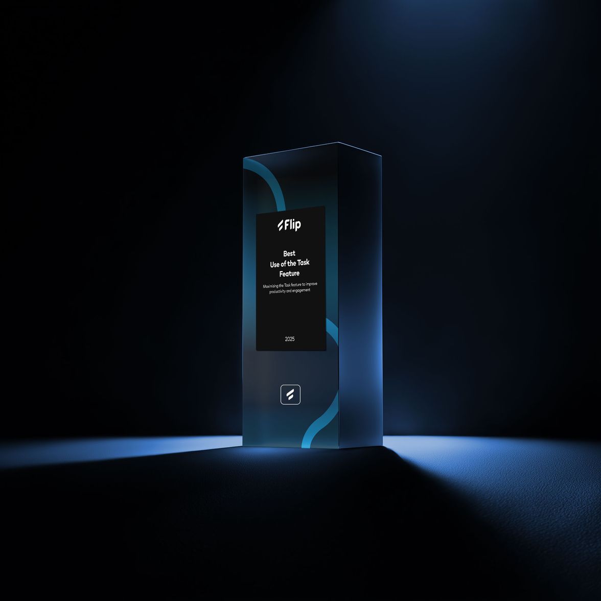 Glass award with Flip Best Use of the Task Feature 2025 text, spotlighted on dark background.