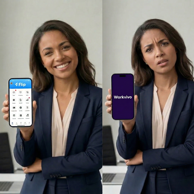 Woman holding phones with Flip and Workvivo apps, expressing different emotions.