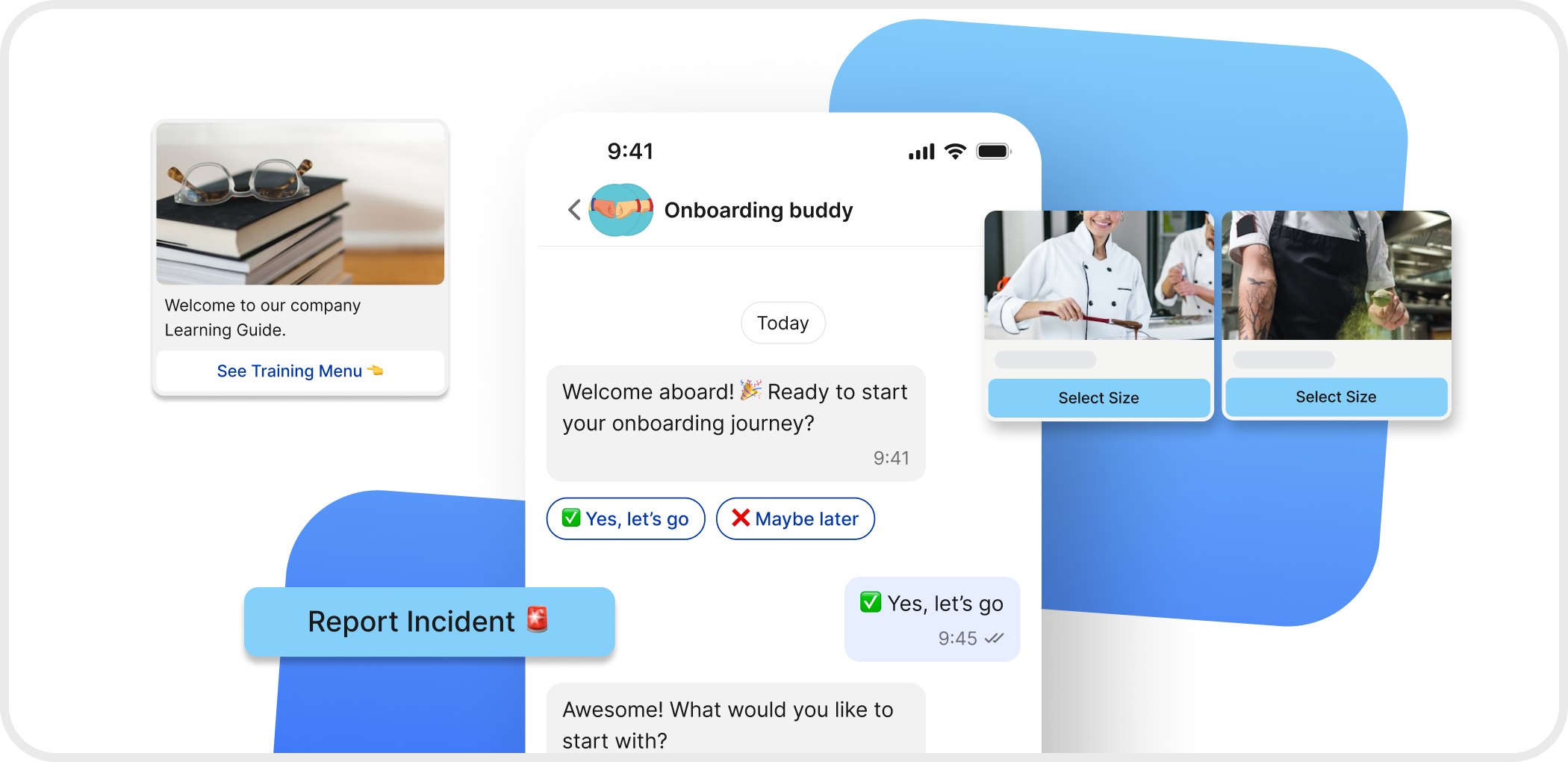 B2B-SaaS Mitarbeiter App UI: Onboarding, Report Incident, Learning Guide, Employee Experience Platform.