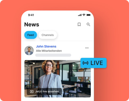 Mitarbeiterplattform Newsfeed mit LIVE-Video, Employee App, HR-Portal, Employee Experience Platform.