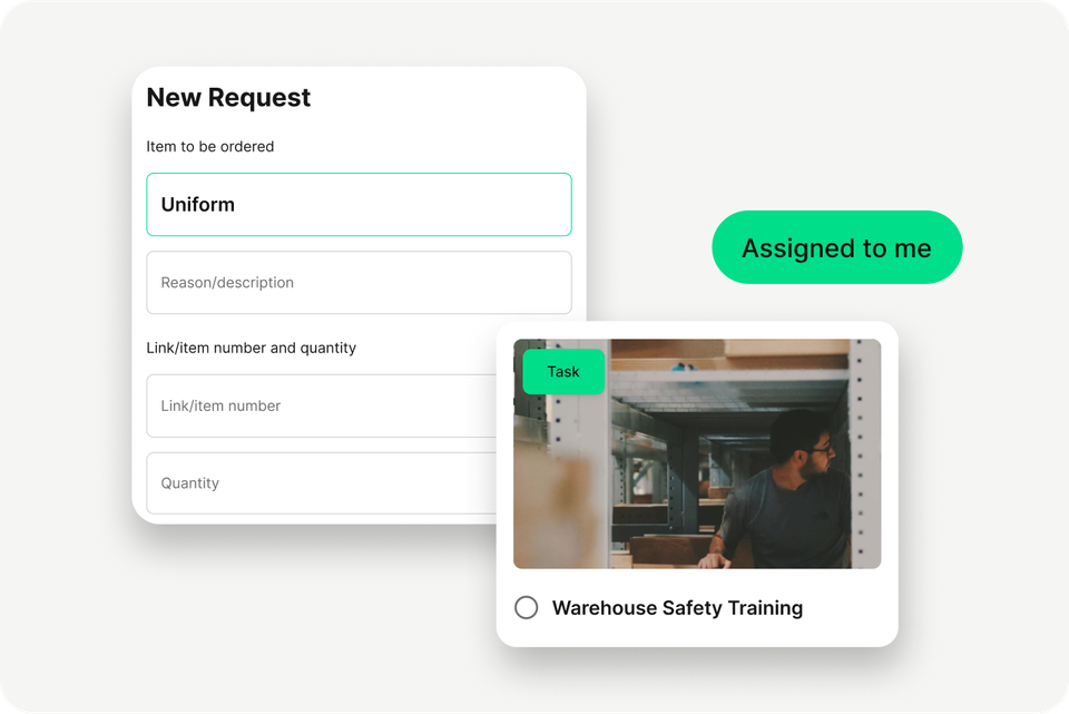 B2B-SaaS UI: New Request for uniform, Assigned to me, Warehouse Safety Training task; Employee Experience Platform, HR-Portal
