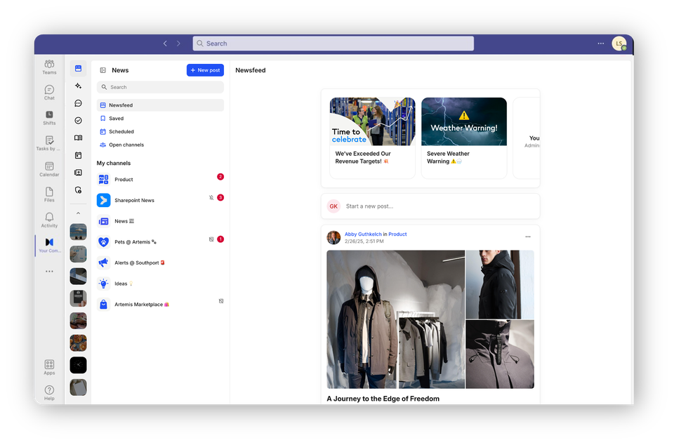 Microsoft Teams UI with newsfeed, channels, and posts; empowers frontline via Employee Experience Platform, HR-Portal, Mitarb
