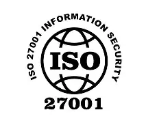 ISO 27001 INFORMATION SECURITY logo with globe and bold ISO 27001 text in black and white.