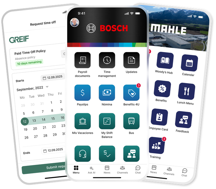 Three mobile screens showing employee app for payroll, time management, and employee services.