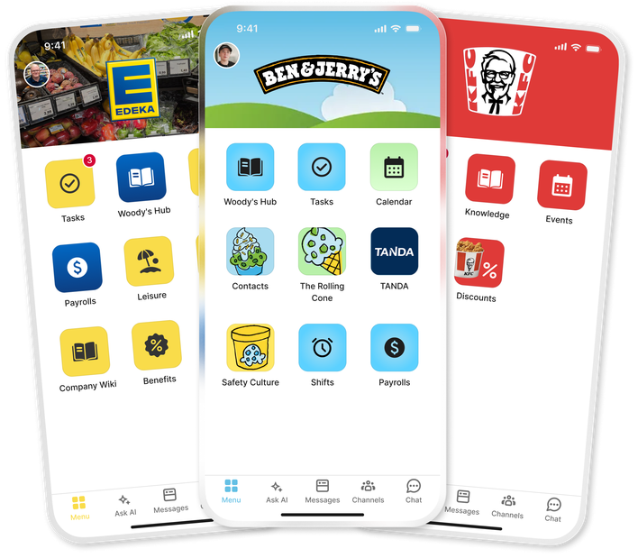 UI of a food service employee app with EDEKA, Ben & Jerrys, and KFC interfaces.