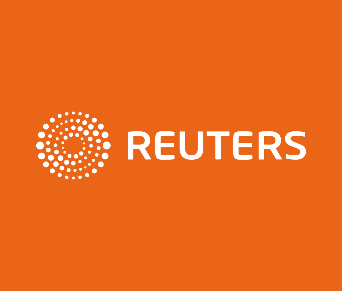 Reuters logo on orange background with white circular dot design and REUTERS text.